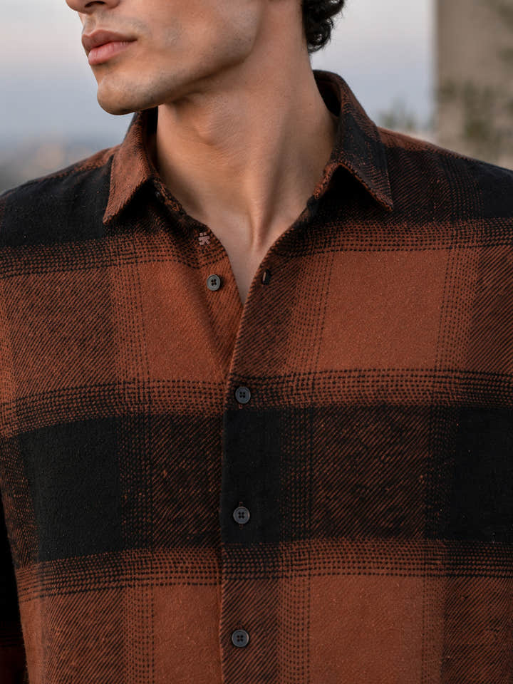 Rust Brown & Black Check Flannel Overshirt