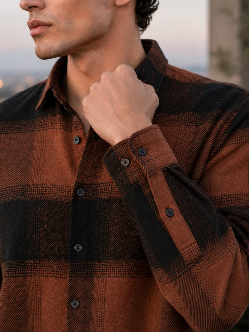 Rust Brown & Black Check Flannel Overshirt