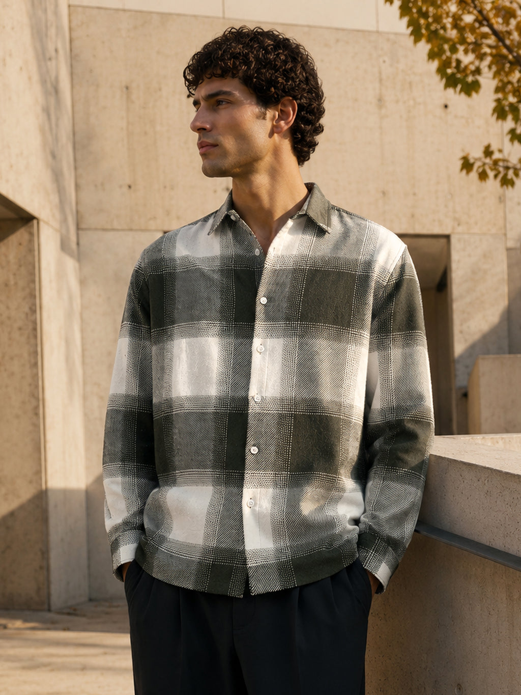 Sage Grey & Off-White Check Flannel Overshirt