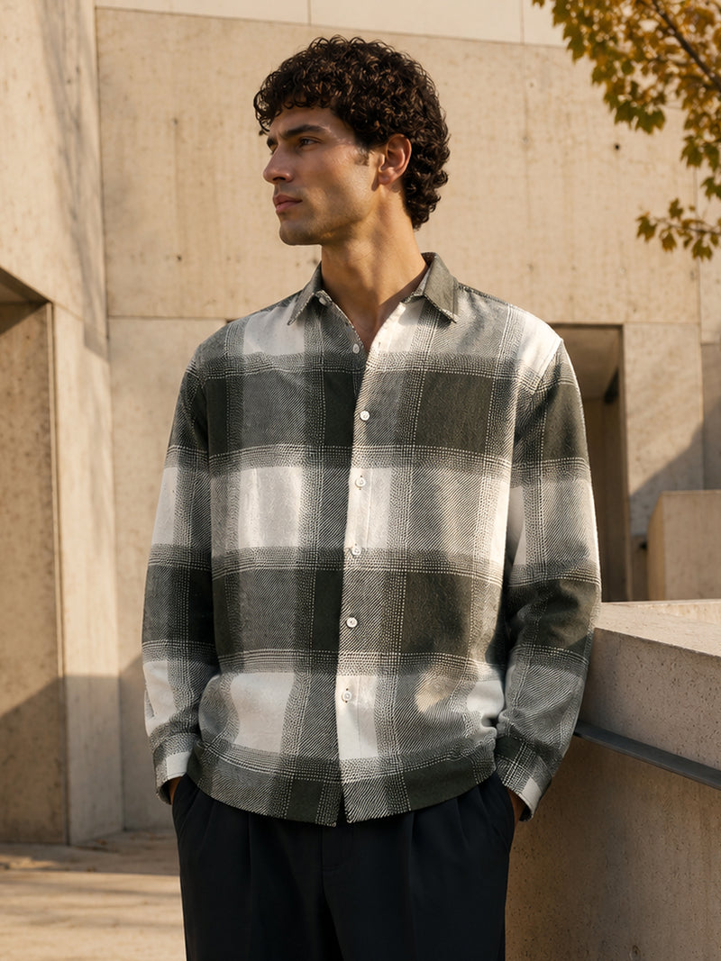 Sage Grey & Off-White Check Flannel Overshirt
