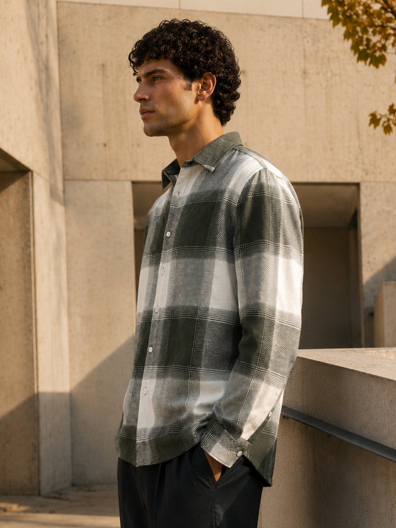 Sage Grey & Off-White Check Flannel Overshirt