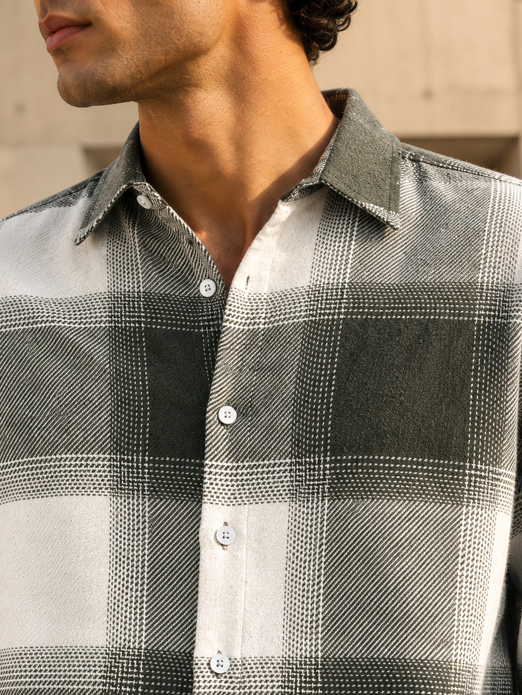 Sage Grey & Off-White Check Flannel Overshirt