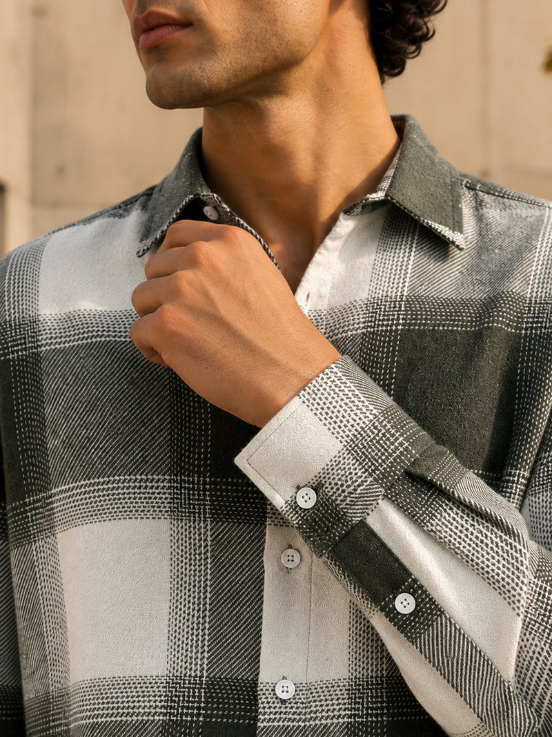 Sage Grey & Off-White Check Flannel Overshirt