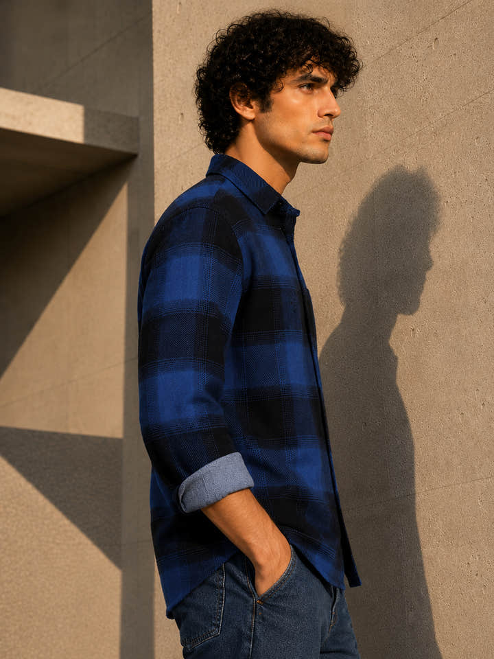 Royal Blue & Black Check Flannel Overshirt