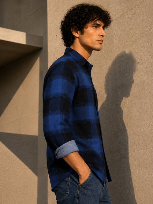 Royal Blue & Black Check Flannel Overshirt