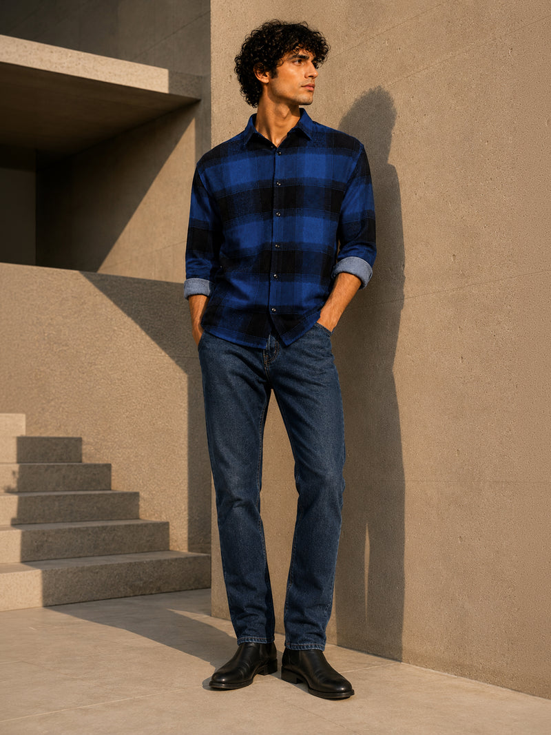 Royal Blue & Black Check Flannel Overshirt
