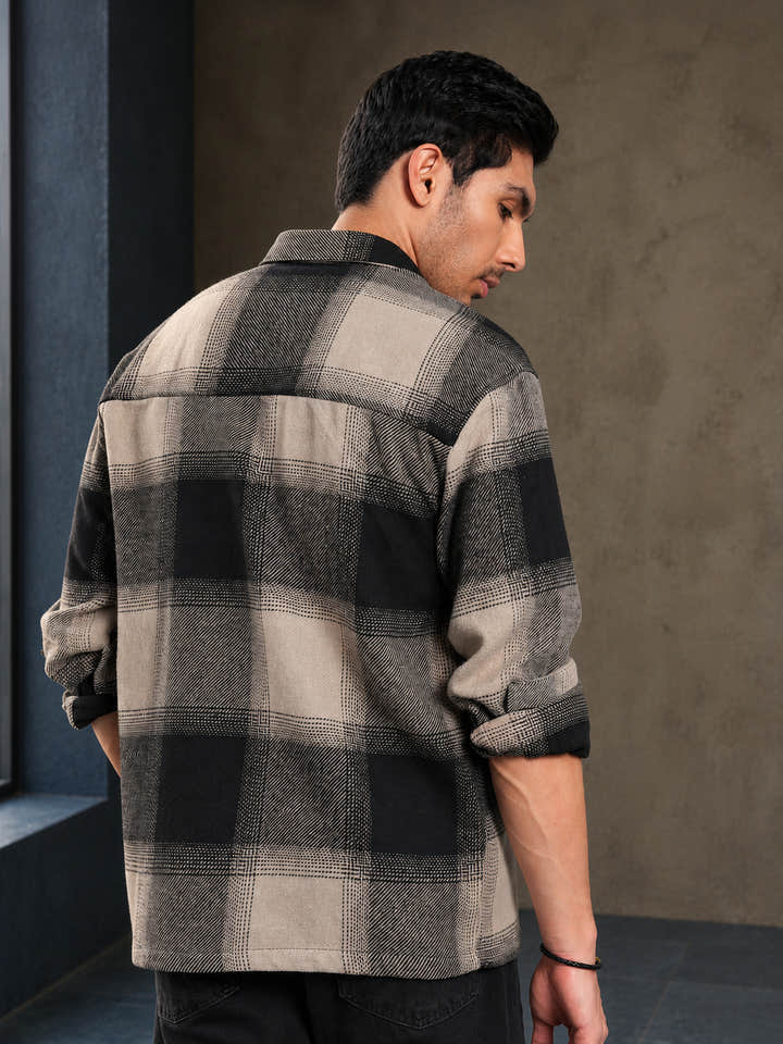 Cahoot Men's Black & Beige Vignette Checkered Oversized Flannel Shirt - view 4