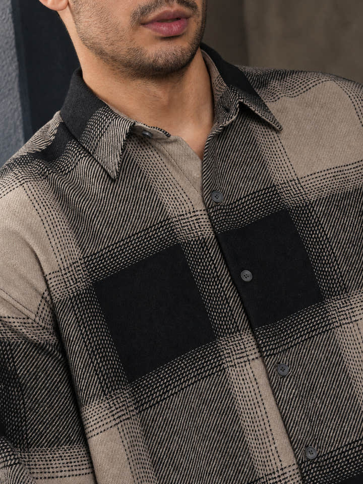 Cahoot Men's Black & Beige Vignette Checkered Oversized Flannel Shirt - view 8
