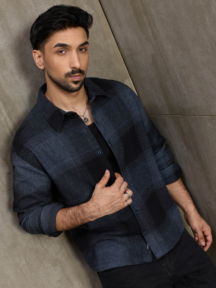 Cahoot Men's Navy Vignette Checkered Oversized Shirt - view 1