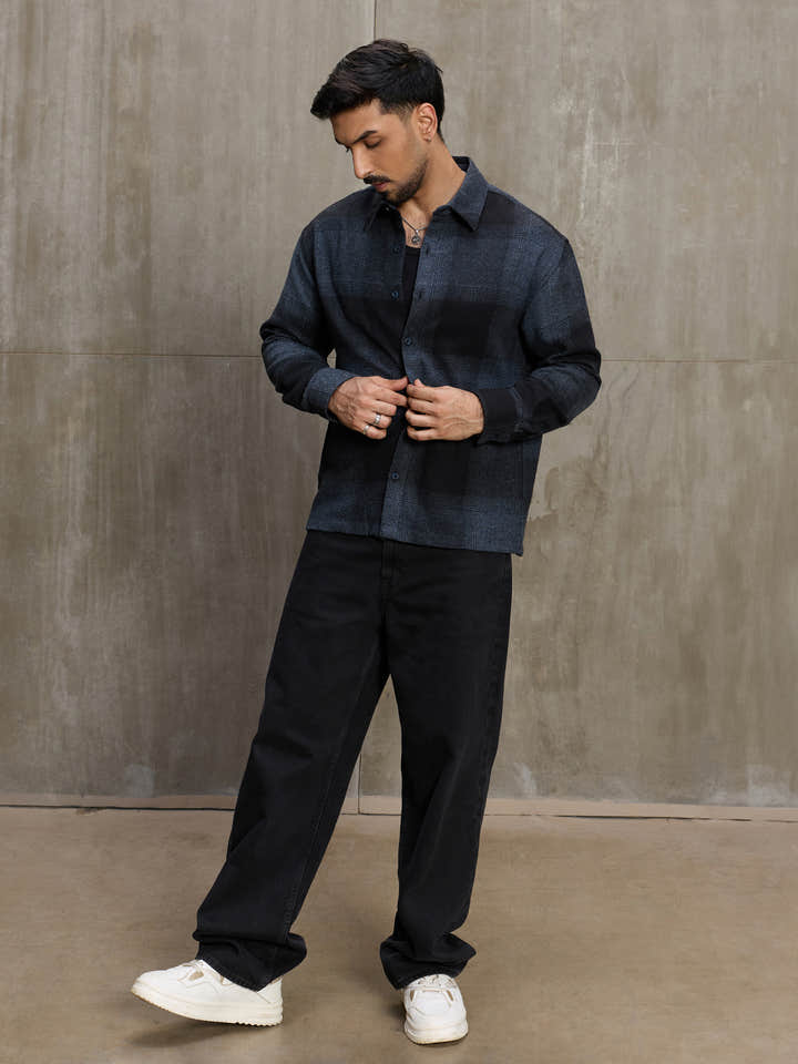 Cahoot Men's Navy Vignette Checkered Oversized Shirt - view 5