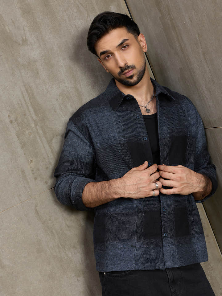 Cahoot Men's Navy Vignette Checkered Oversized Shirt - view 7