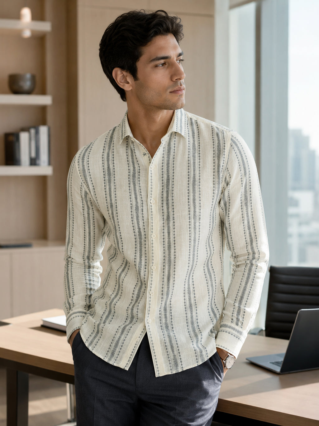 CAHOOT Men's Off-White Striped Cotton Regular Fit Shirt - view 1