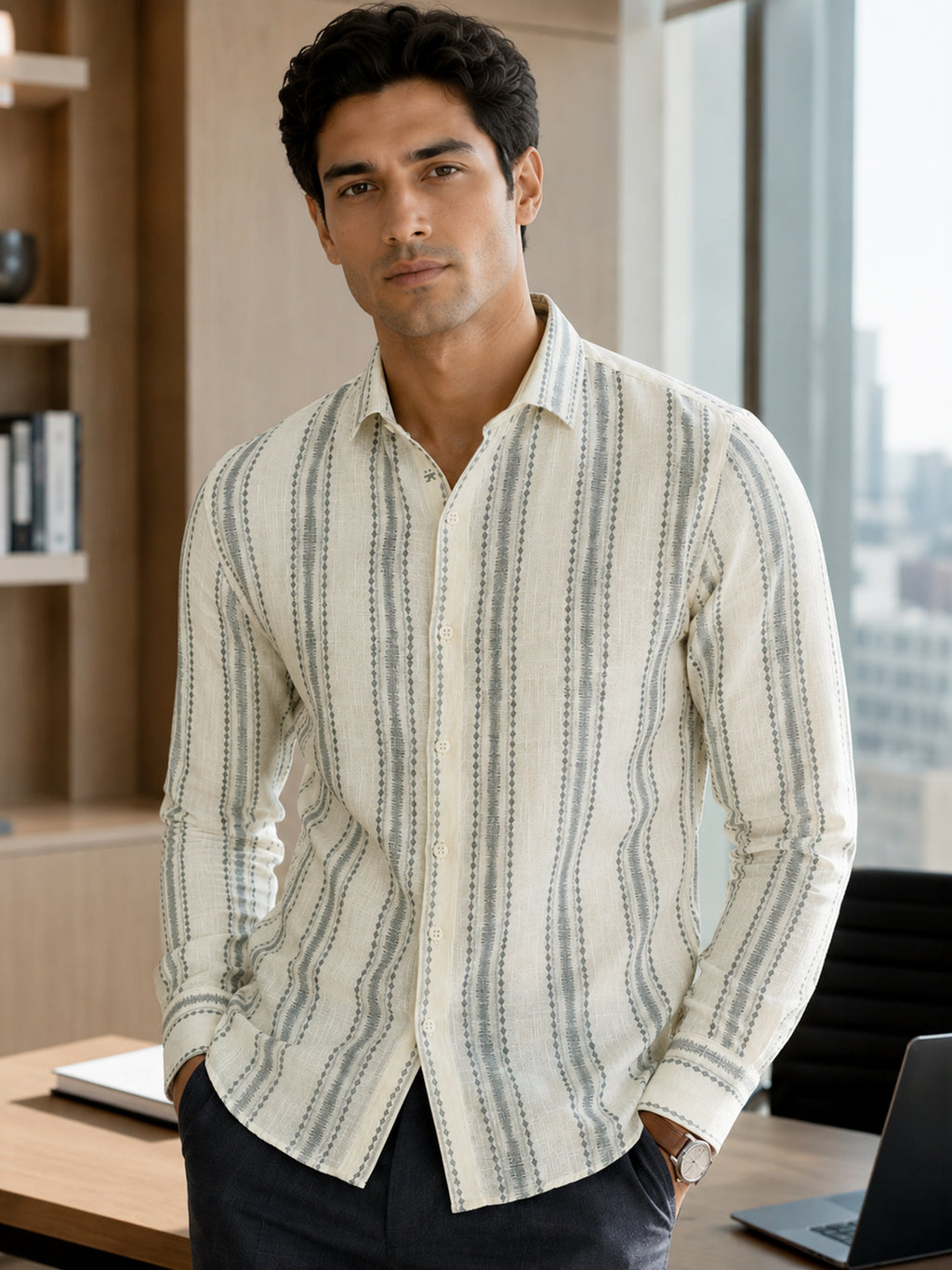 CAHOOT Men's Off-White Striped Cotton Regular Fit Shirt - view 2