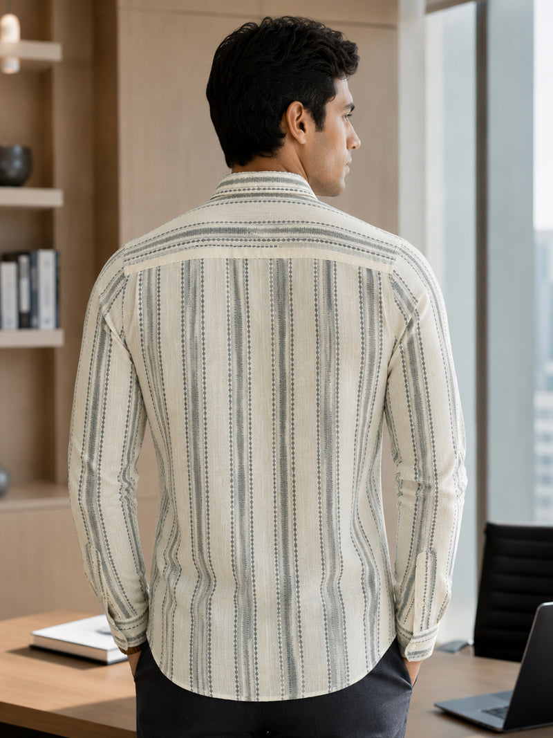 CAHOOT Men's Off-White Striped Cotton Regular Fit Shirt - view 3