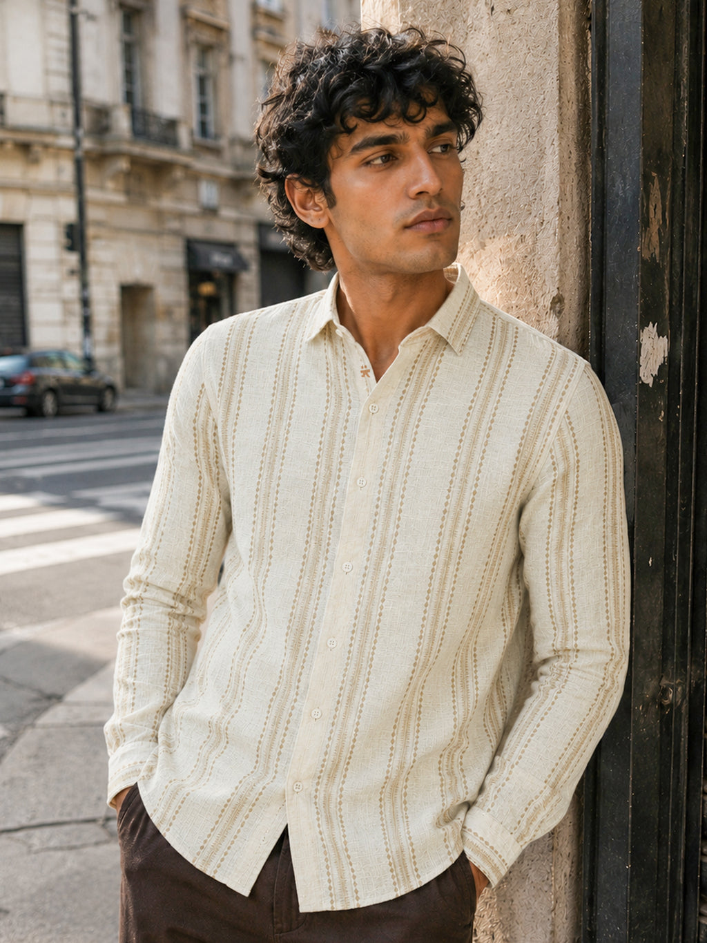 CAHOOT Men's Beige Striped Cotton Regular Fit Shirt - view 1