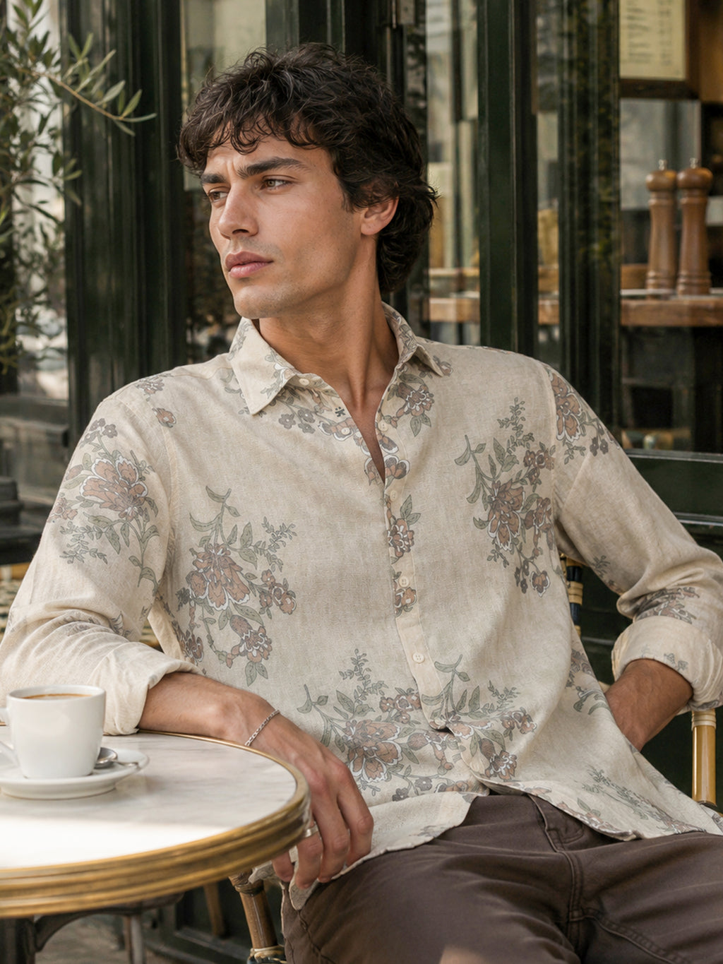 CAHOOT Men's Beige Floral Printed Rayon Regular Fit Shirt - view 1