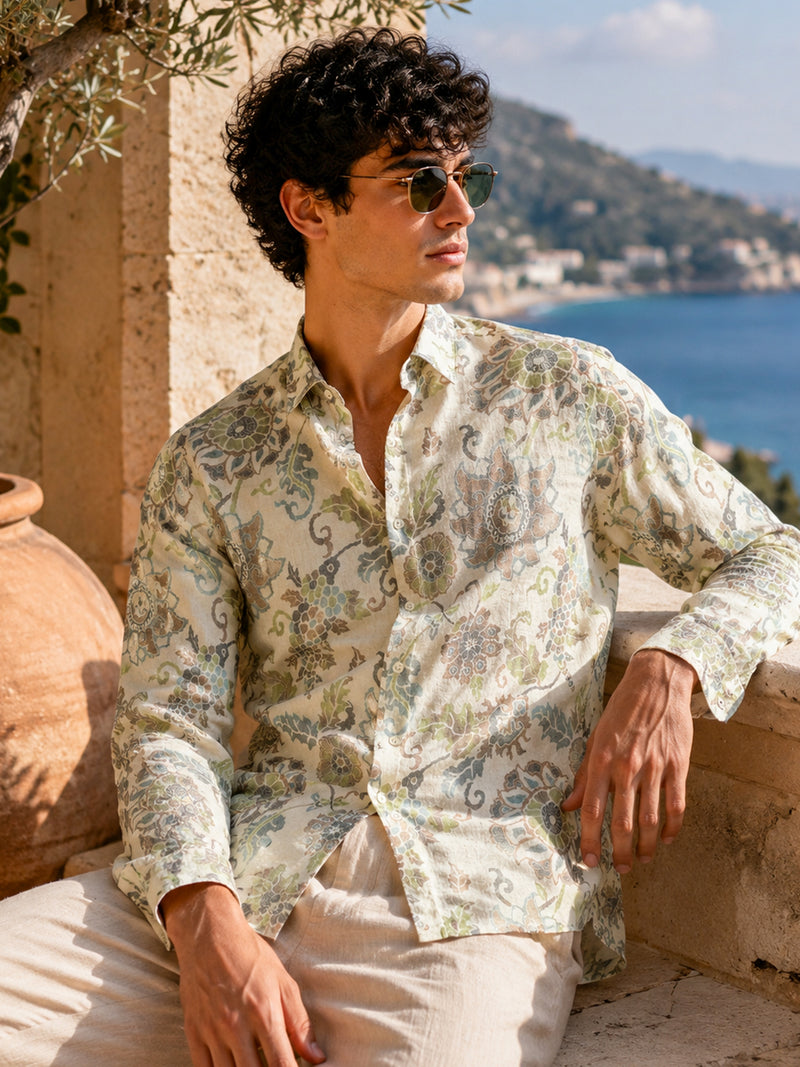 CAHOOT Men's Sage Green Paisley Printed Rayon Regular Fit Shirt - view 1