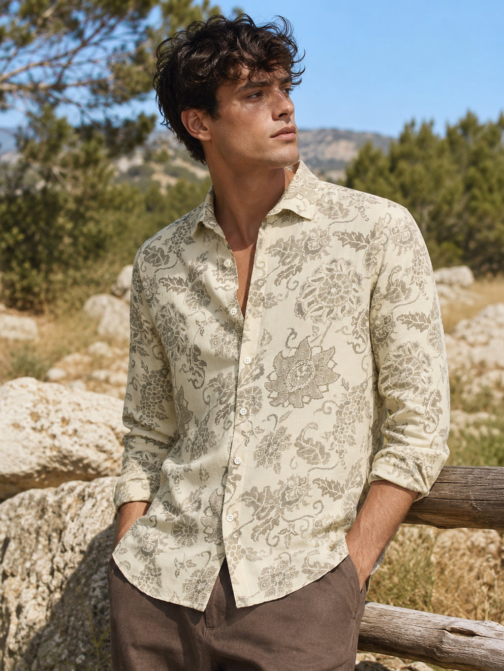 CAHOOT Men's Ivory Damask Printed Regular Fit Shirt - view 1