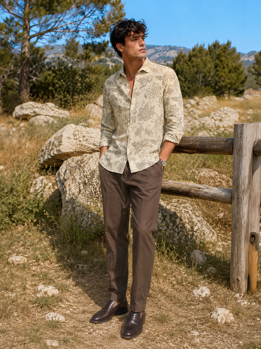 CAHOOT Men's Ivory Damask Printed Regular Fit Shirt - view 4