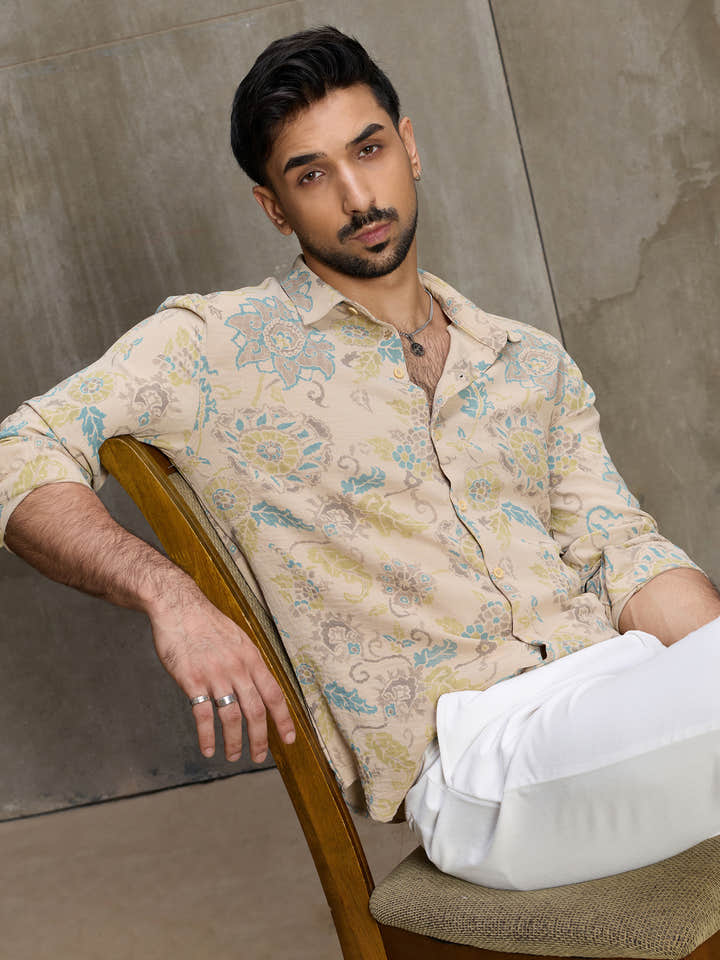 Cahoot Men's Beige Floral Printed Regular Fit Shirt - view 1