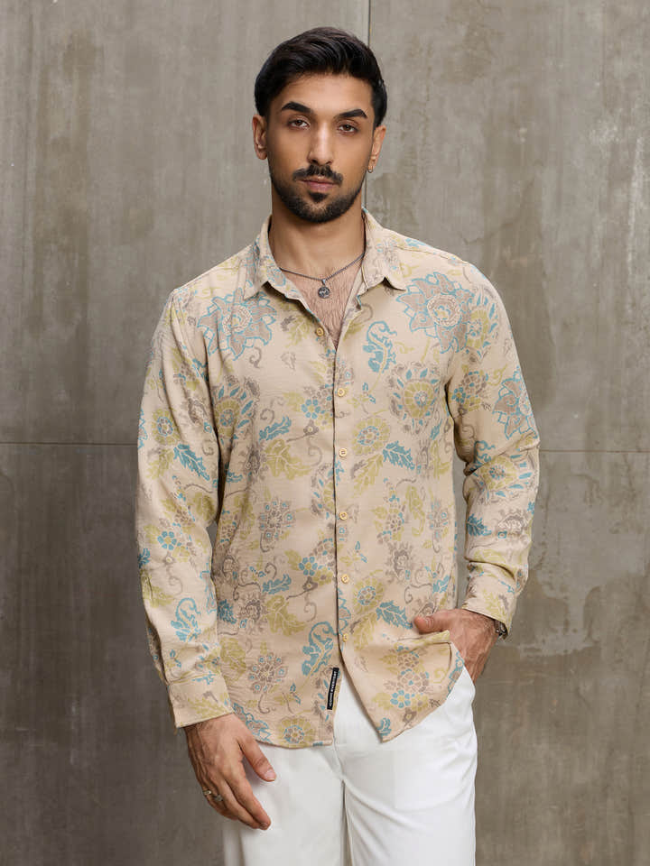 Cahoot Men's Beige Floral Printed Regular Fit Shirt - view 2