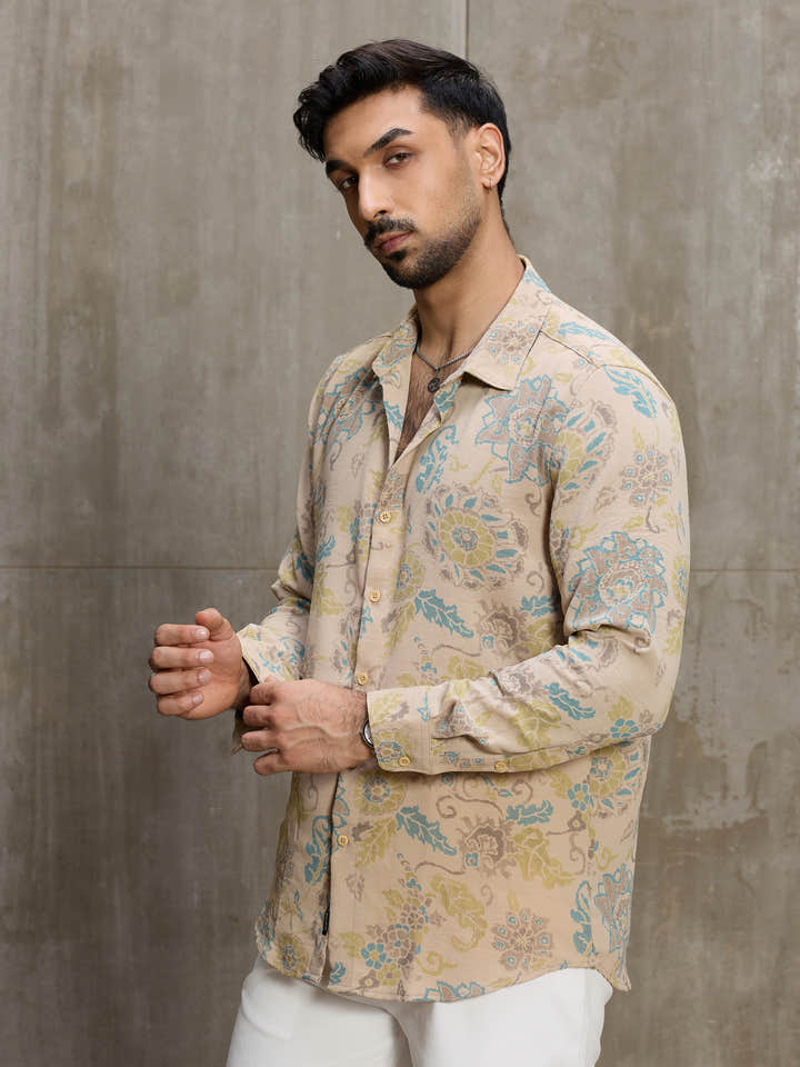 Cahoot Men's Beige Floral Printed Regular Fit Shirt - view 3