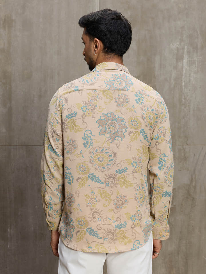 Cahoot Men's Beige Floral Printed Regular Fit Shirt - view 4