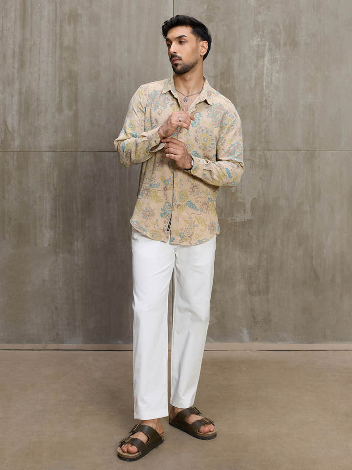 Cahoot Men's Beige Floral Printed Regular Fit Shirt - view 5