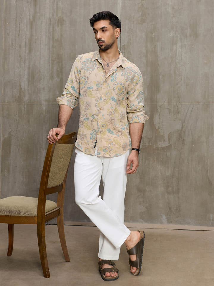 Cahoot Men's Beige Floral Printed Regular Fit Shirt - view 6