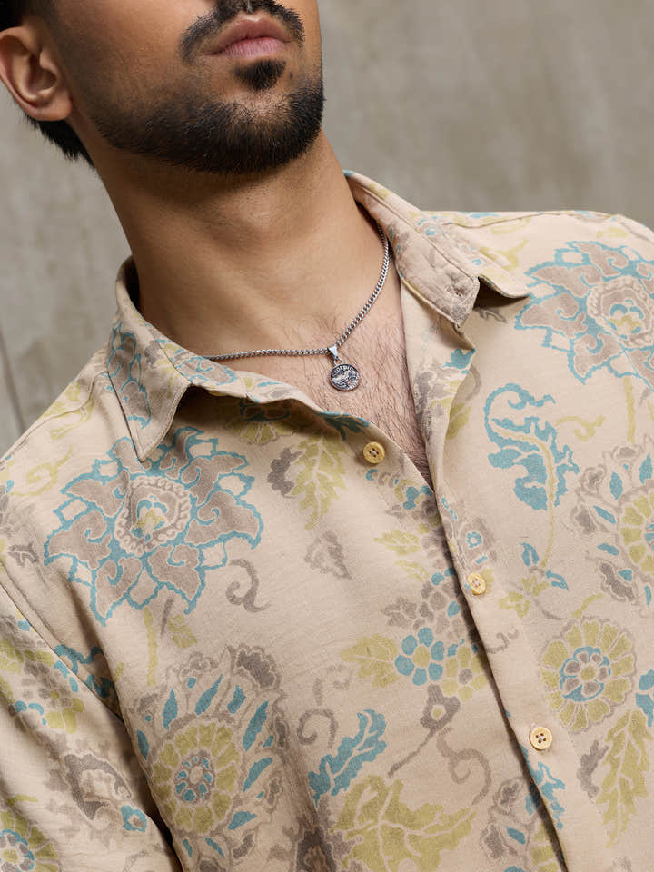 Cahoot Men's Beige Floral Printed Regular Fit Shirt - view 7