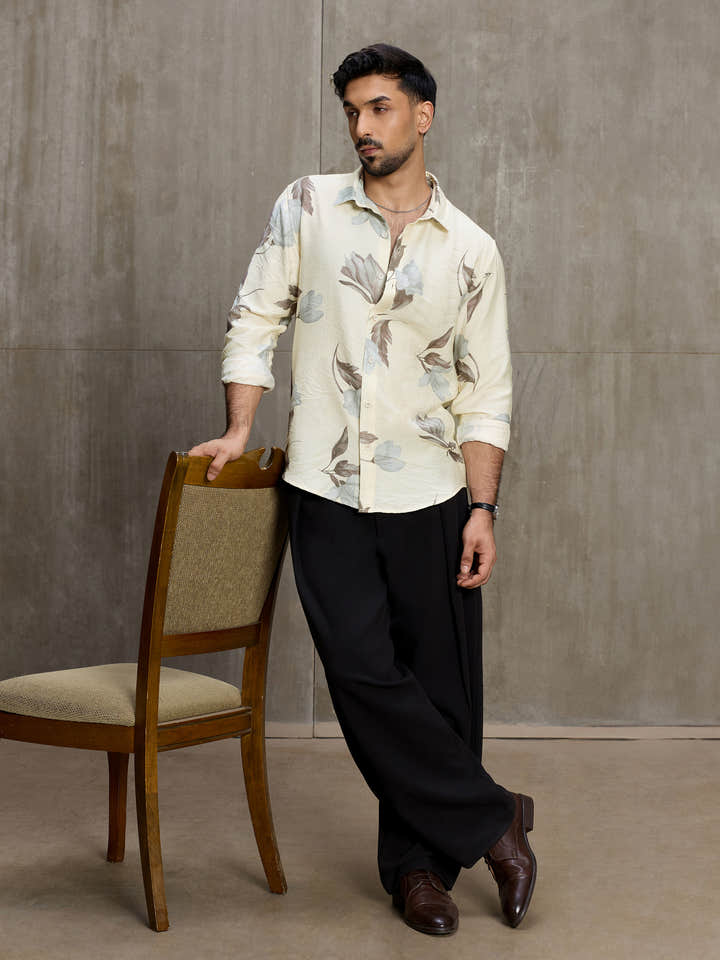 Cahoot Men's Cream Botanical Printed Regular Fit Shirt - view 5