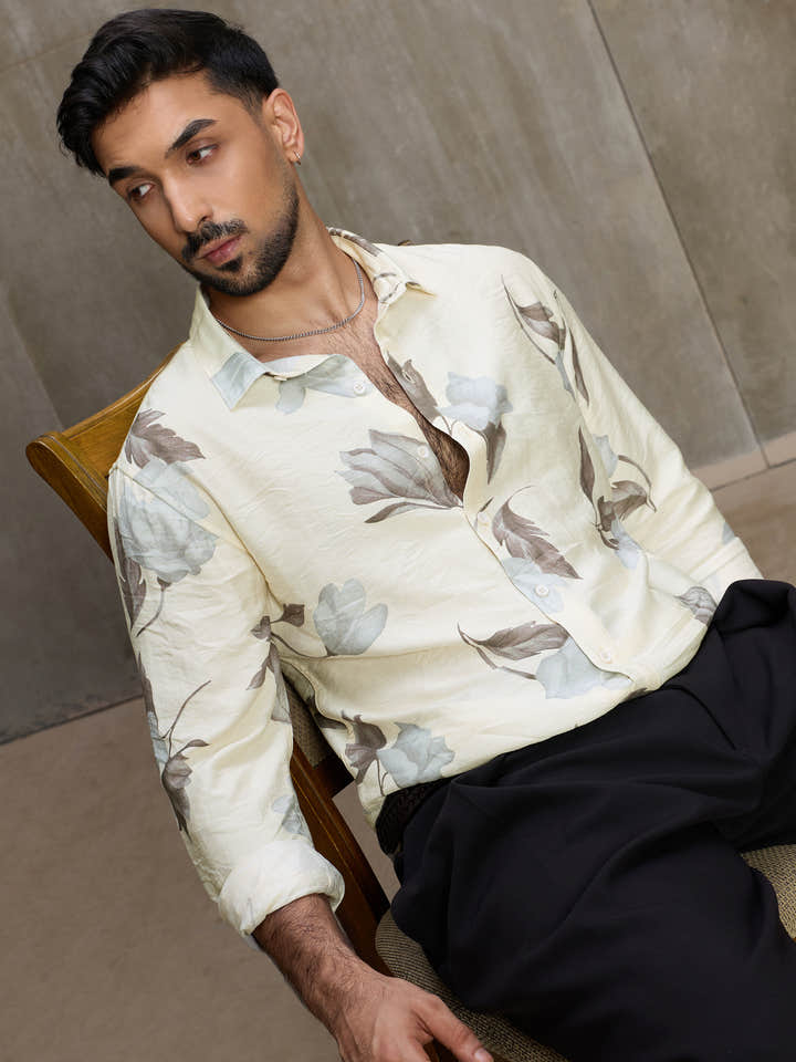 Cahoot Men's Cream Botanical Printed Regular Fit Shirt - view 6