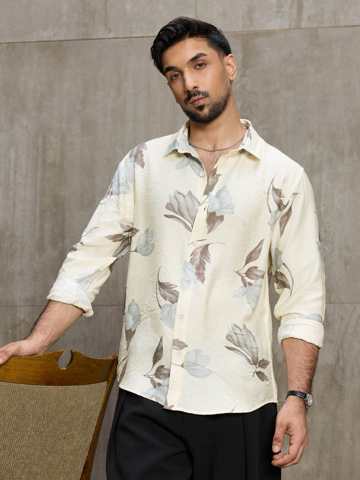 Cahoot Men's Cream Botanical Printed Regular Fit Shirt - view 7
