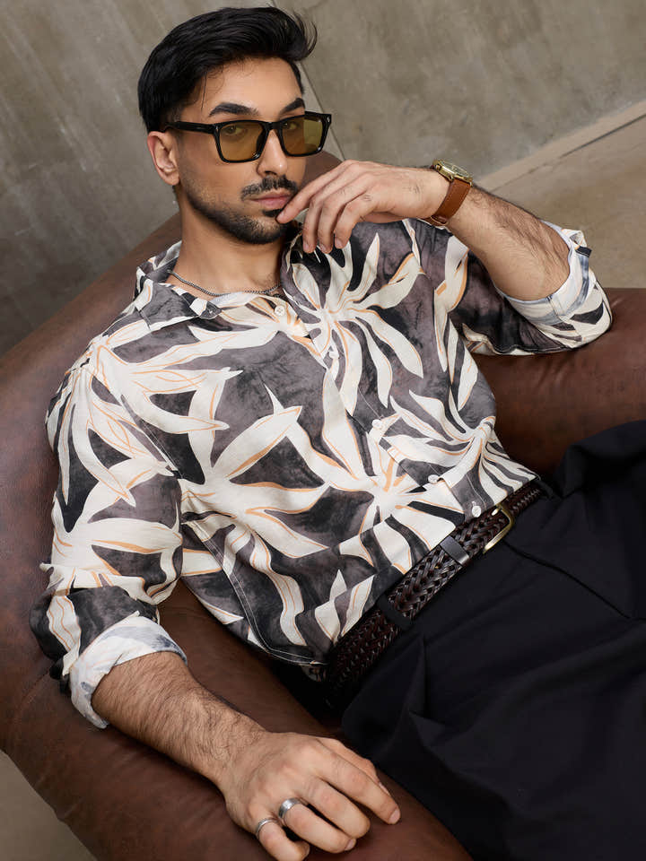 Cahoot Men's Grey Botanical Printed Regular Fit Shirt - view 7
