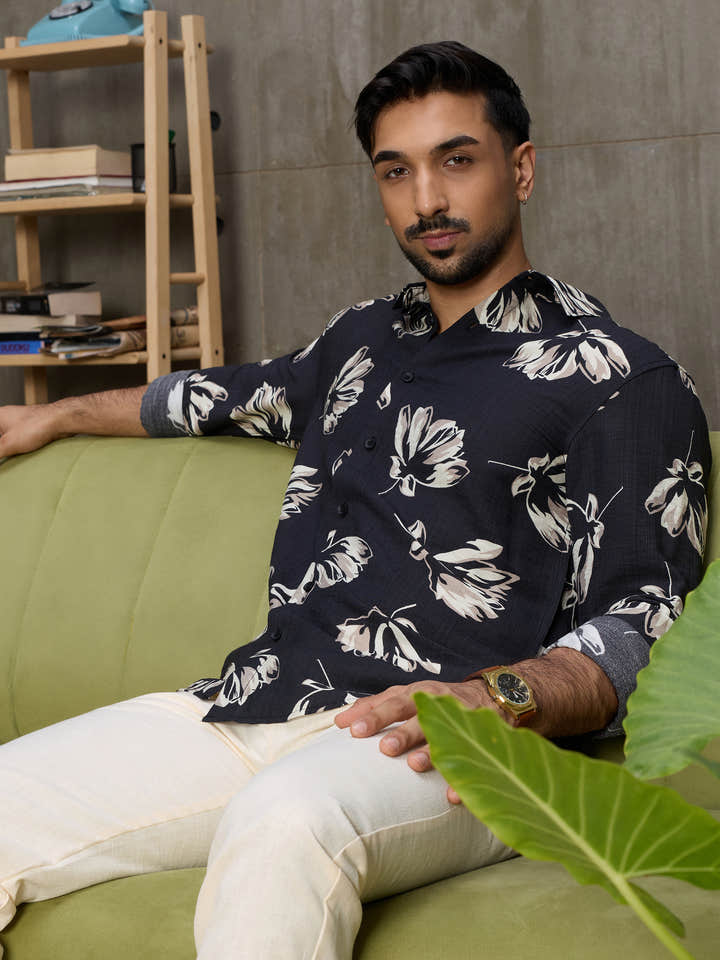 Cahoot Men's Black Botanical Printed Regular Fit Shirt - view 2