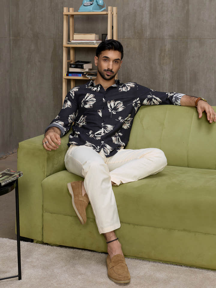 Cahoot Men's Black Botanical Printed Regular Fit Shirt - view 6