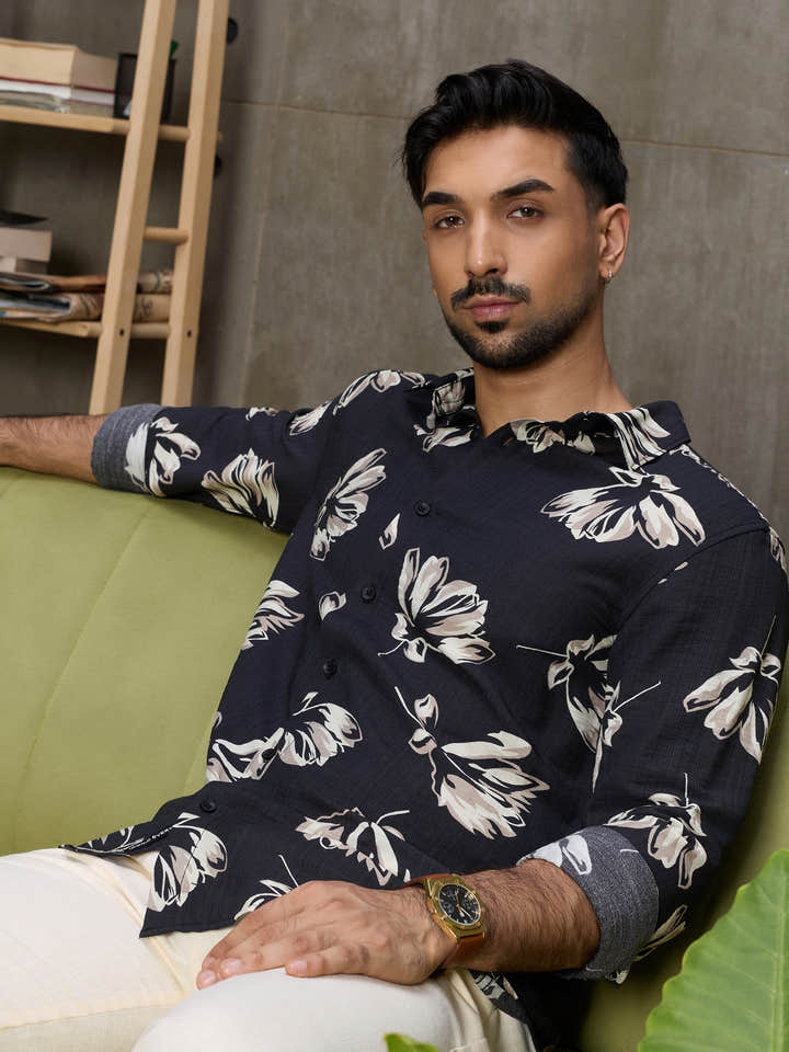 Cahoot Men's Black Botanical Printed Regular Fit Shirt - view 7