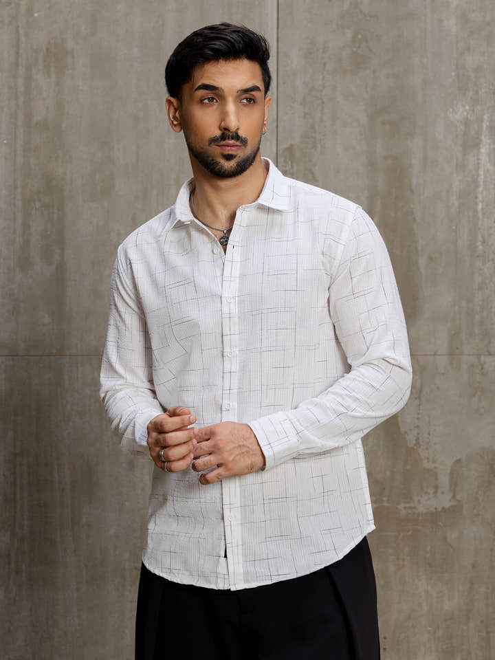 Cahoot Men's White Crosshatch Printed Regular Fit Shirt - view 2