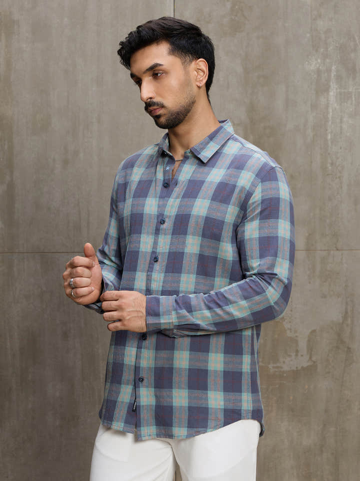 Cahoot Men's Blue Plaid Checkered Regular Fit Shirt - view 3