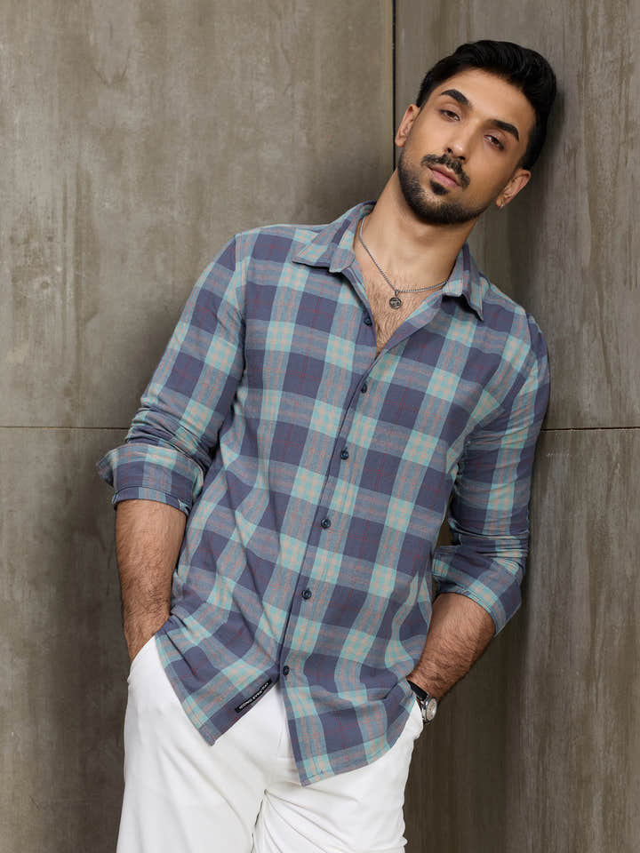 Cahoot Men's Blue Plaid Checkered Regular Fit Shirt - view 7
