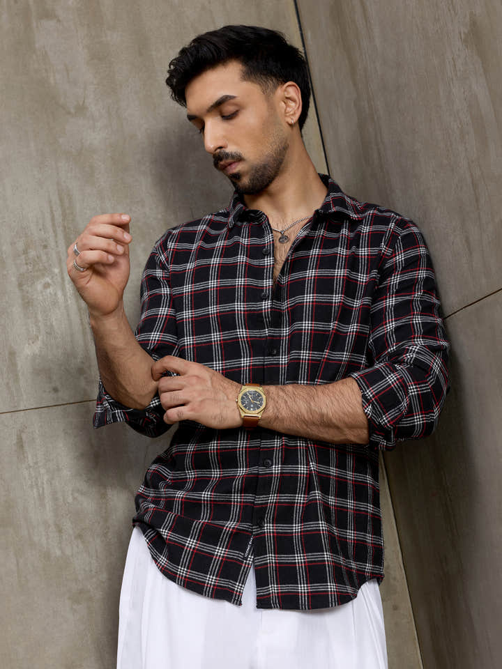 Cahoot Men's Black & Red Plaid Checkered Regular Fit Shirt - view 1