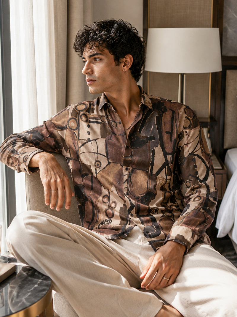 CAHOOT Men's Brown Abstract Printed Regular Fit Shirt - view 1