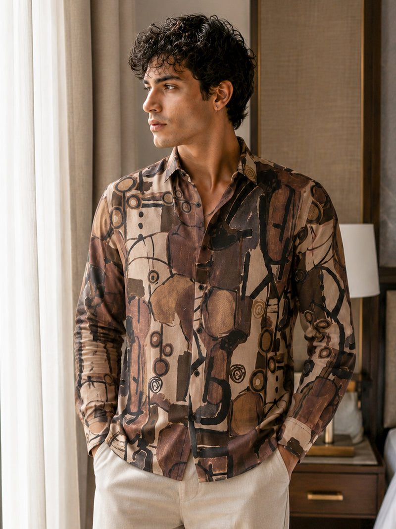 CAHOOT Men's Brown Abstract Printed Regular Fit Shirt - view 2