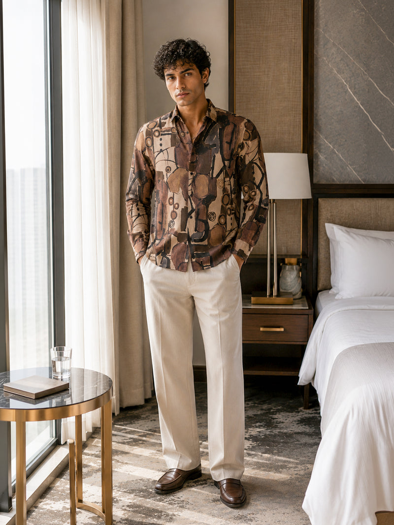 CAHOOT Men's Brown Abstract Printed Regular Fit Shirt - view 4