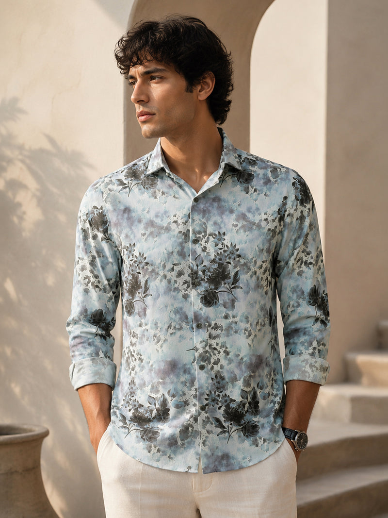 CAHOOT Men's Light Blue Botanical Printed Regular Fit Shirt - view 1