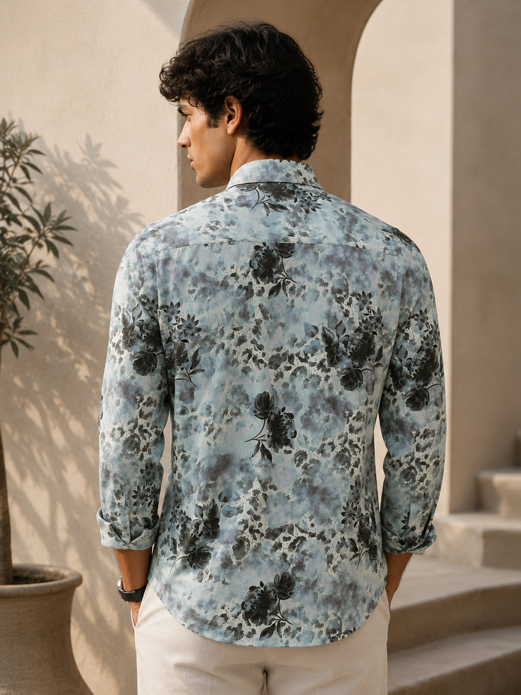 CAHOOT Men's Light Blue Botanical Printed Regular Fit Shirt - view 3