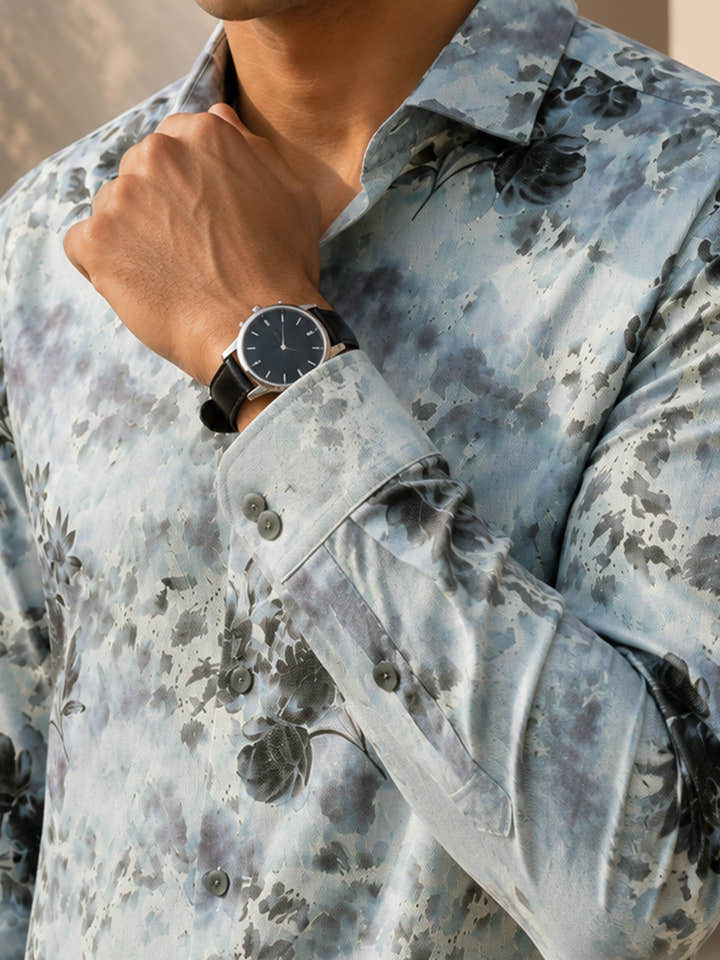 CAHOOT Men's Light Blue Botanical Printed Regular Fit Shirt - view 6