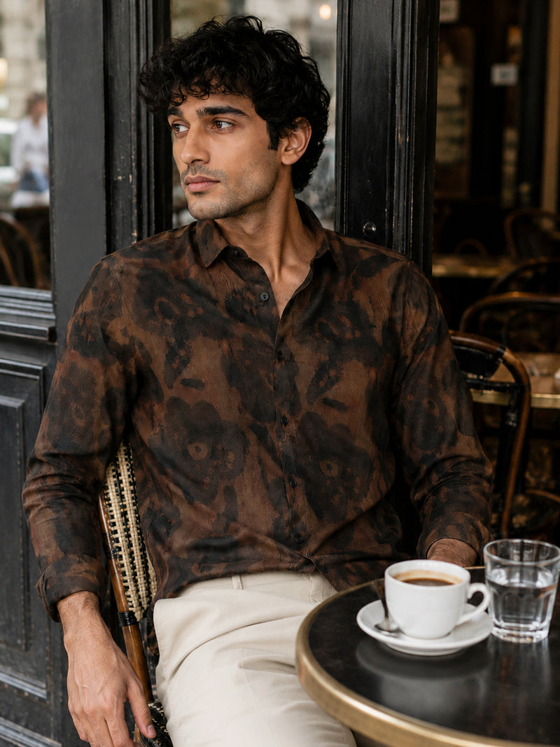 CAHOOT Men's Brown Washed Abstract Printed Regular Fit Shirt - view 1