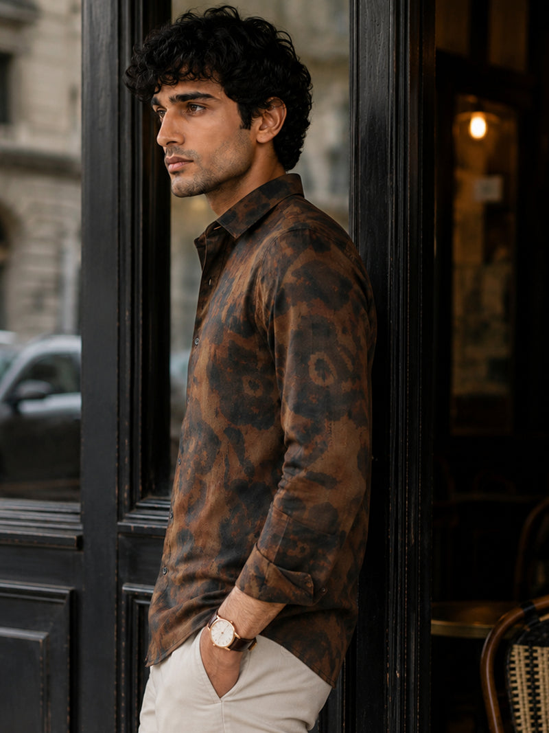 CAHOOT Men's Brown Washed Abstract Printed Regular Fit Shirt - view 2