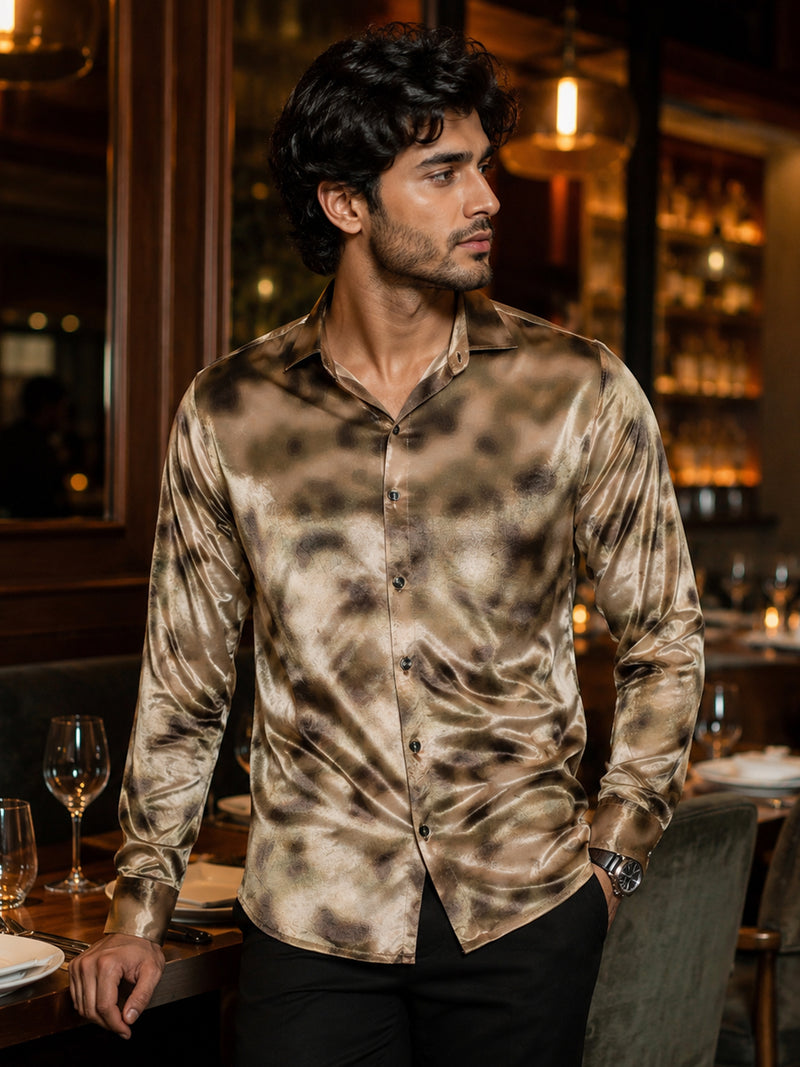 CAHOOT Men's Gold Brown Printed Velvet Shirt - view 1
